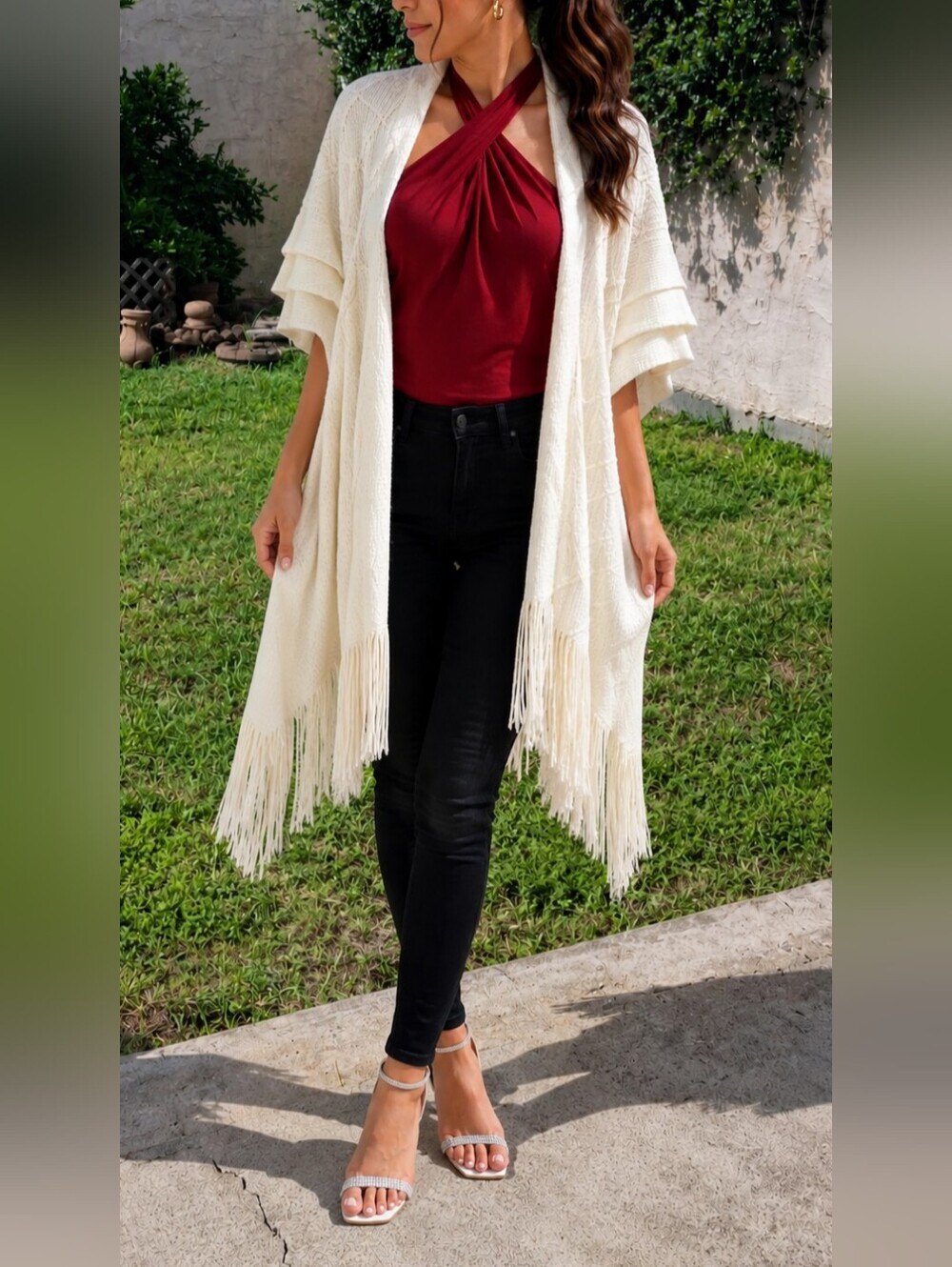Cato Knit Open-Front Fringe Neutral Longline Drape Duster Wrap One Size Fits All - Picture 4 of 13